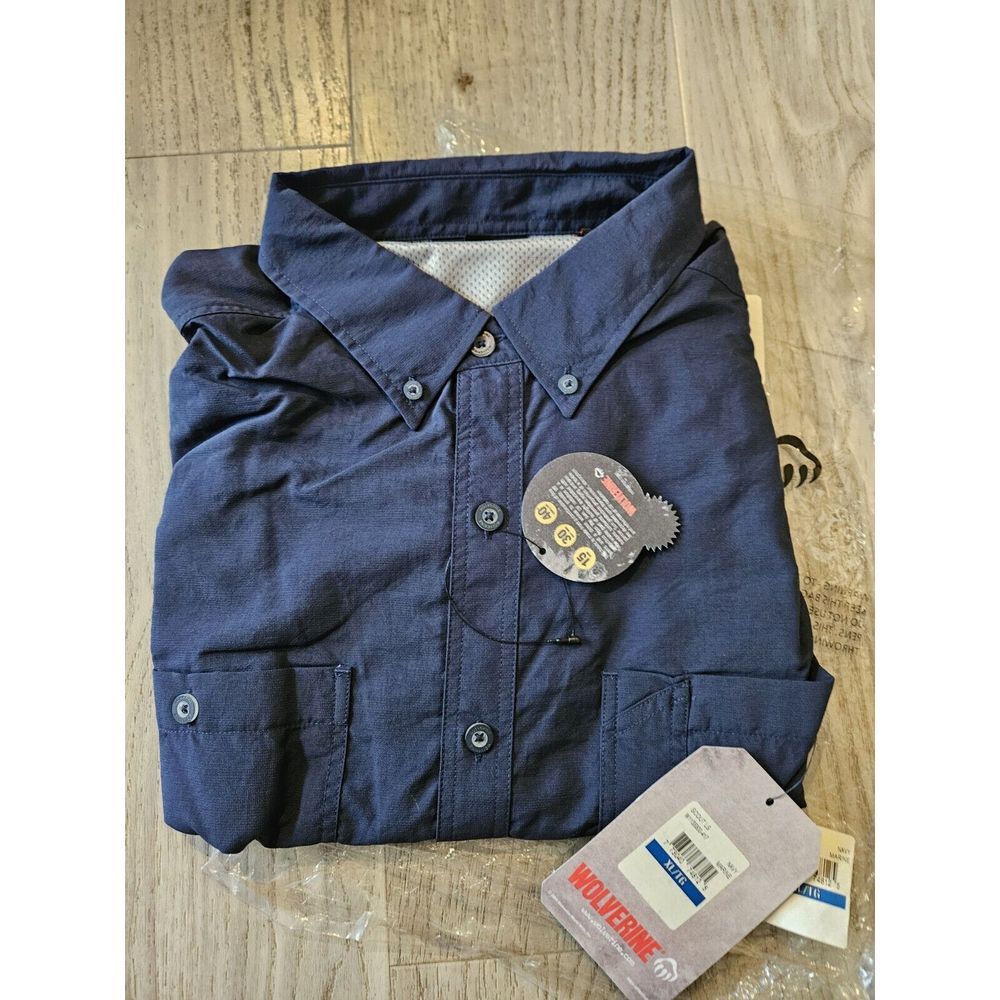 Wolverine Work Shirt Long Sleeve Button Up Men's XL Drk Blue NWT Upf Sun Protect